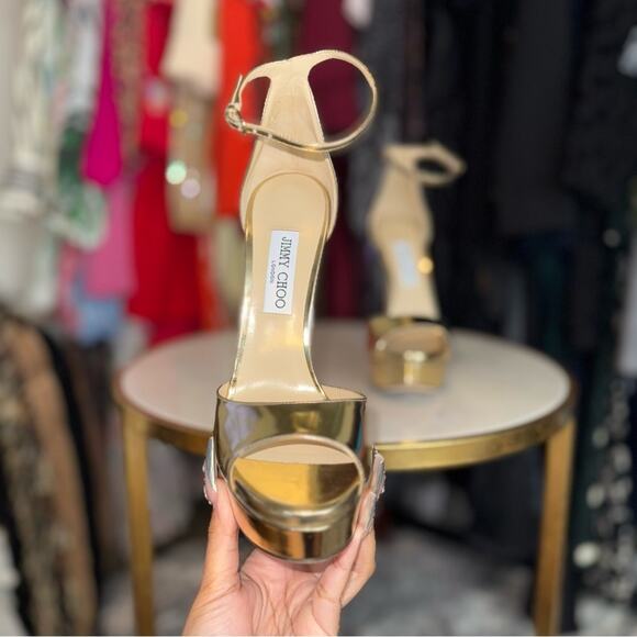 Jimmy Choo Gold Max 150 Mirrored-Leather Platform Stiletto Heel Open Toe Sandal - Picture 7 of 14